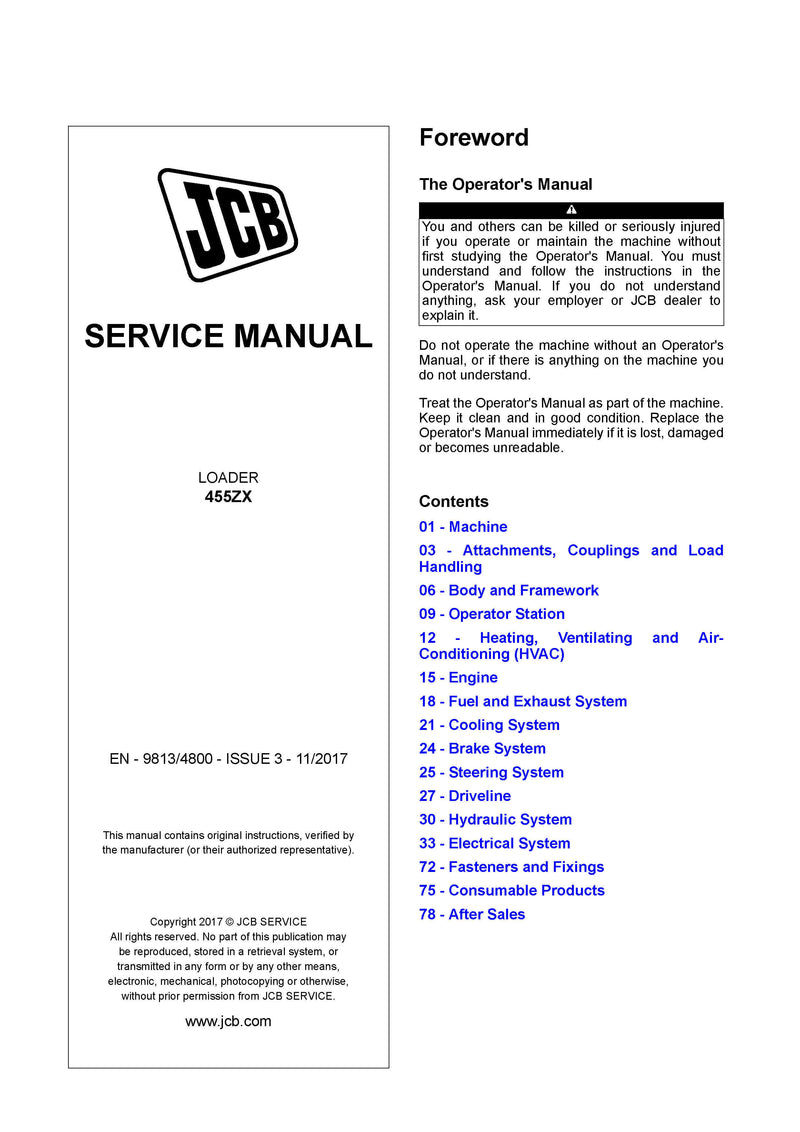JCB 455ZX Wheel Loader Service Repair Manual - PDF Download