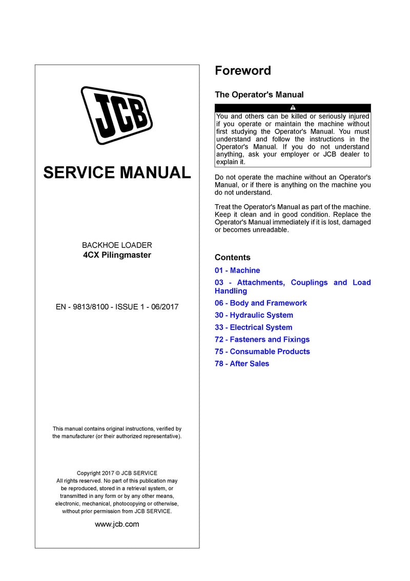 JCB 4CX Pilingmaster Backhoe Loader Service Repair Manual - PDF Download