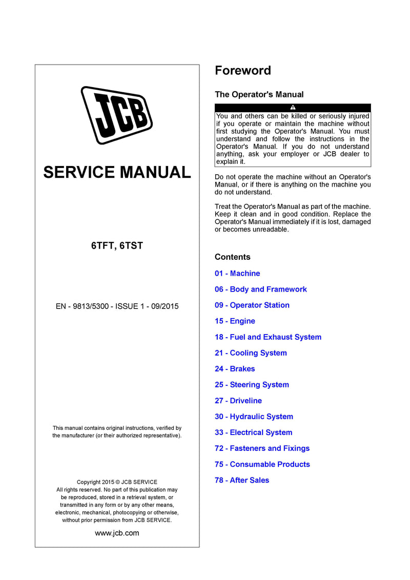 JCB 6TFT, 6TST Dumper Service Repair Manual - PDF Download