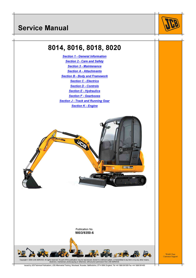 JCB 8014 8016 8018 8020 Mini Excavator Workshop Service Repair Manual