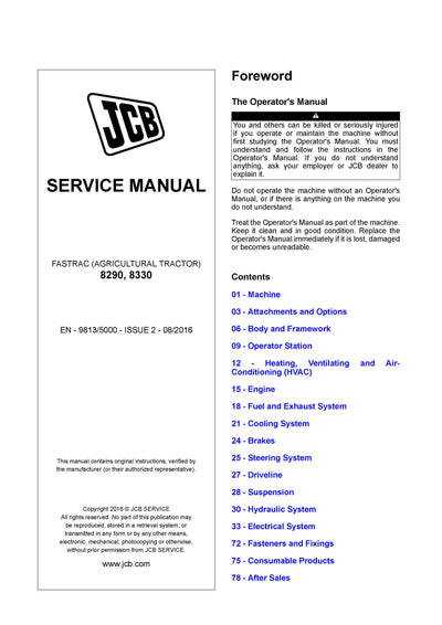 JCB 8290, 8330 FASTRAC Service Repair Manual - PDF Download