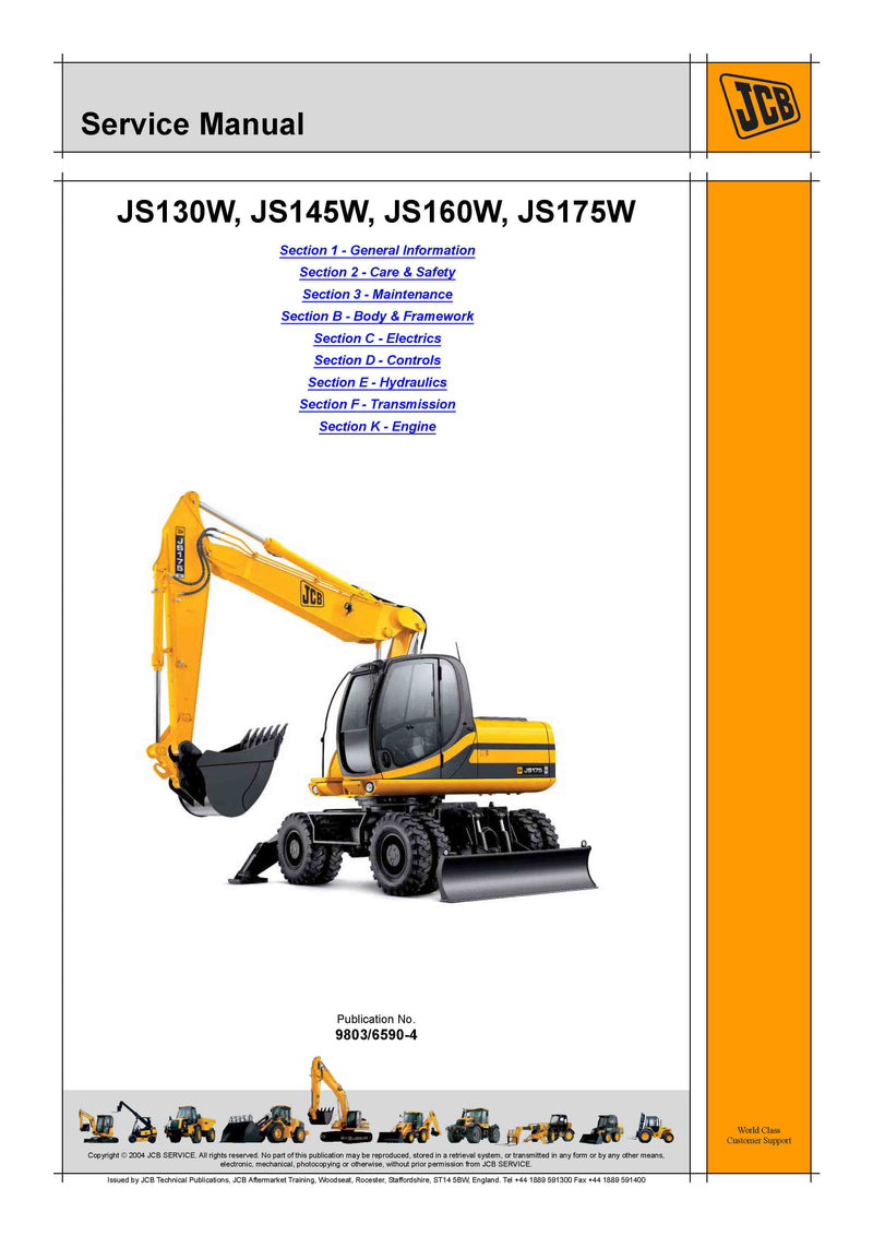 JCB Auto Tier III JS130W, JS145W, JS160W, JS175W Wheeled Excavator Service Manual