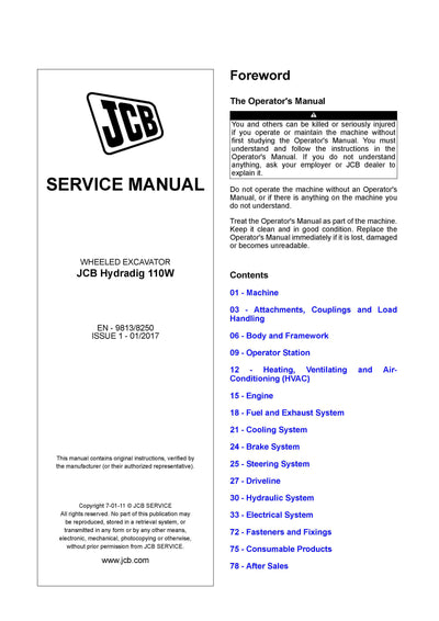 JCB Hydradig 110W Wheeled Excavator Service Repair Manual - PDF Download