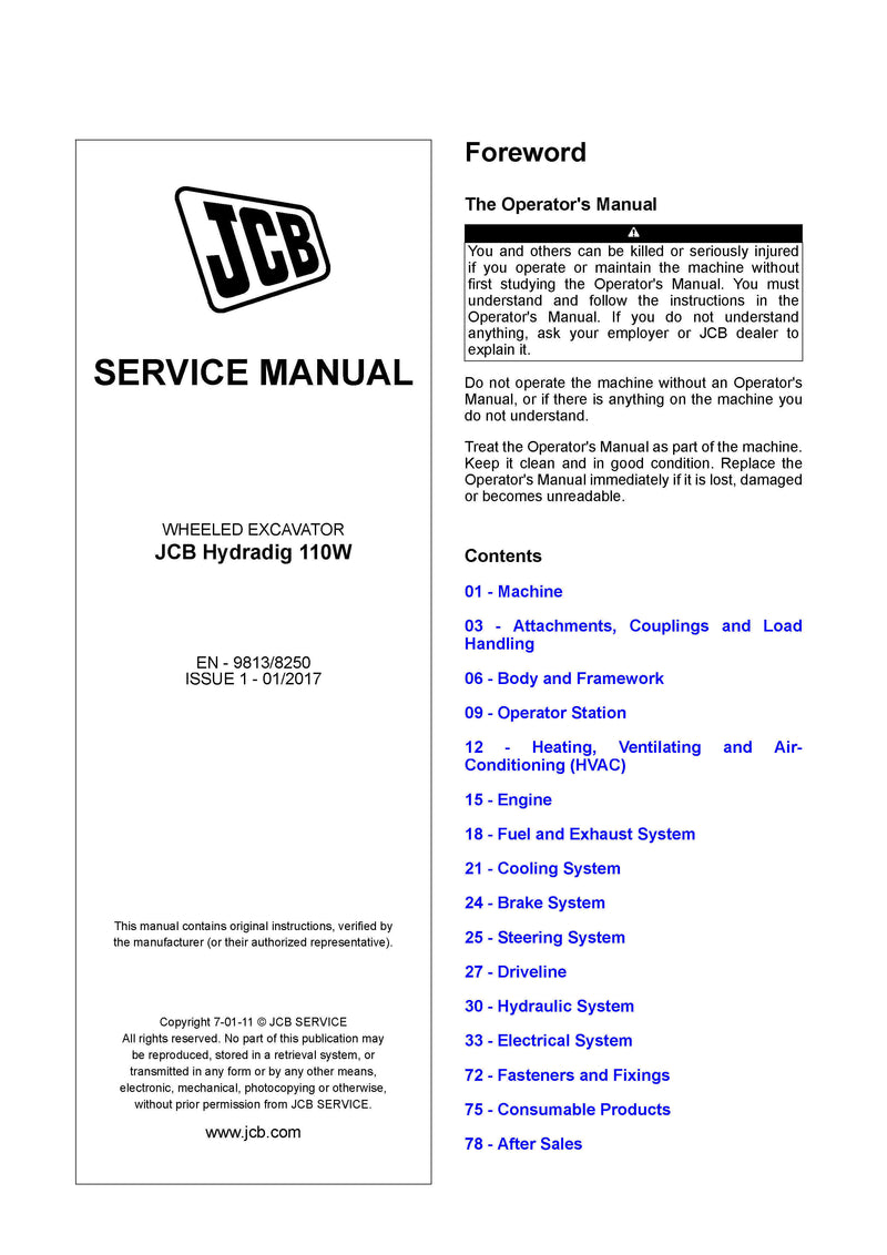JCB Hydradig 110W Wheeled Excavator Service Repair Manual - PDF Download