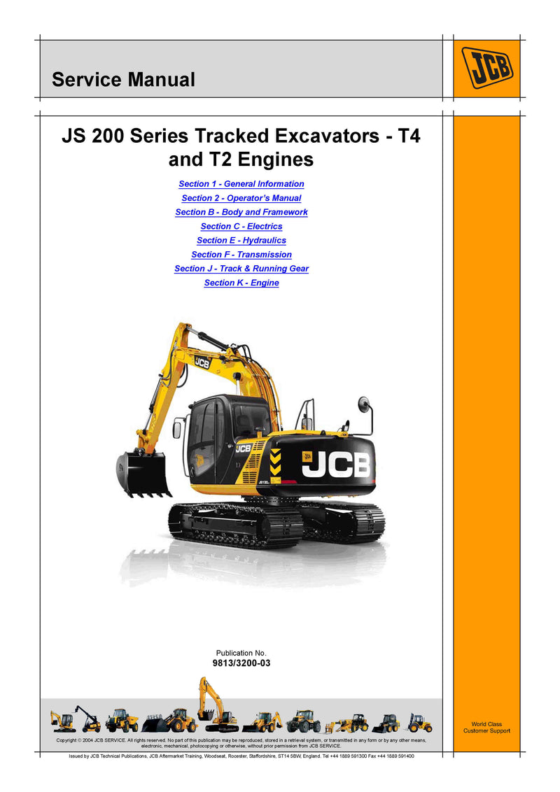 JCB JS115, JS130, JS145, JS160, JS180, JS190, JS200, JS210, JS220, JS235 (T4 and T2 Engines) Tracked Excavator Service Repair Manual