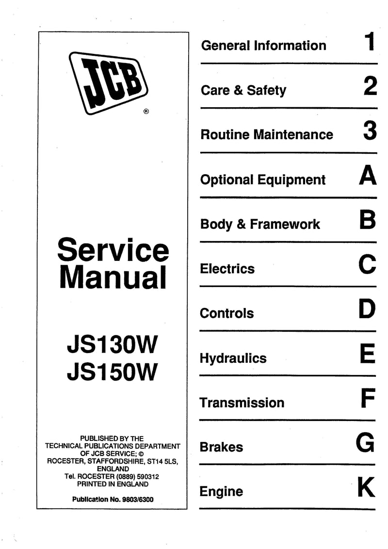 JCB JS130W, JS150W Wheeled Excavator Service Repair Manual - PDF Download