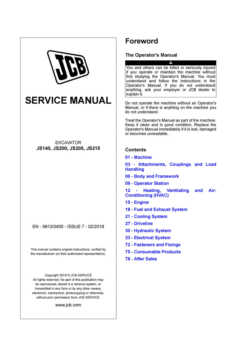 JCB JS140, JS200, JS205, JS215 Tracked Excavator Service Repair Manual