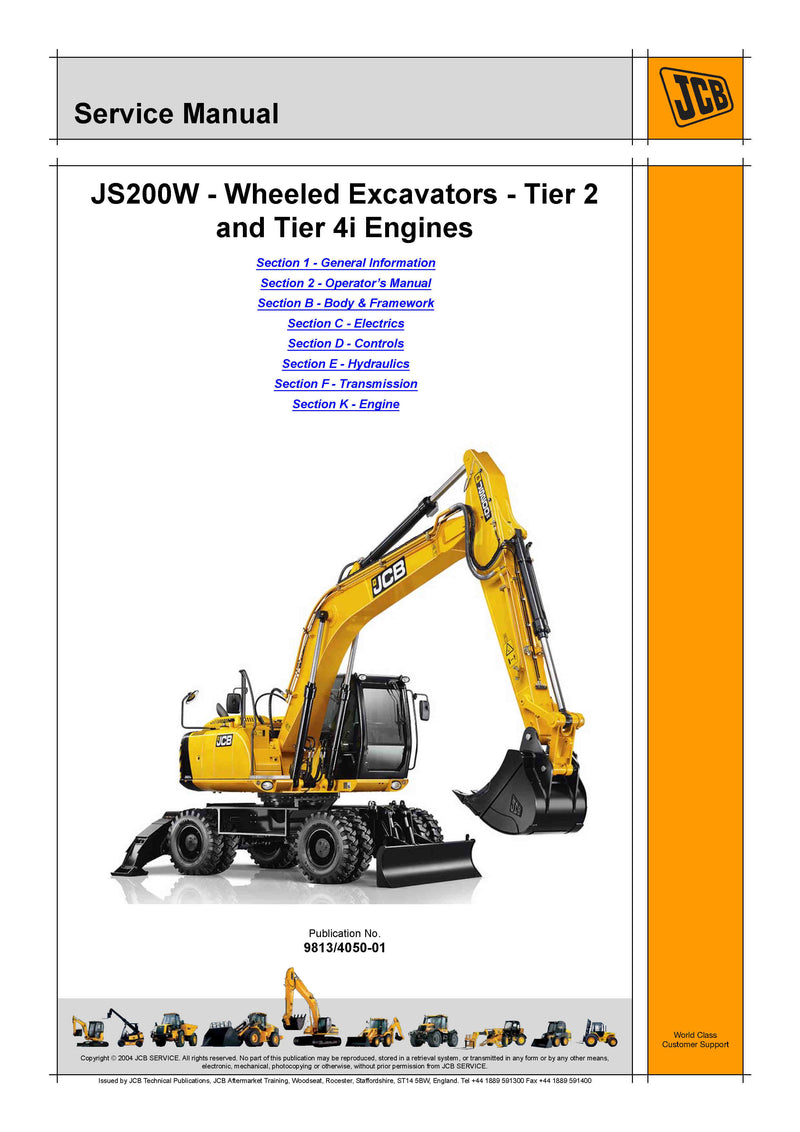 JCB JS200W Tier 2 and Tier 4i Engine Wheeled Excavator Service Repair Manual
