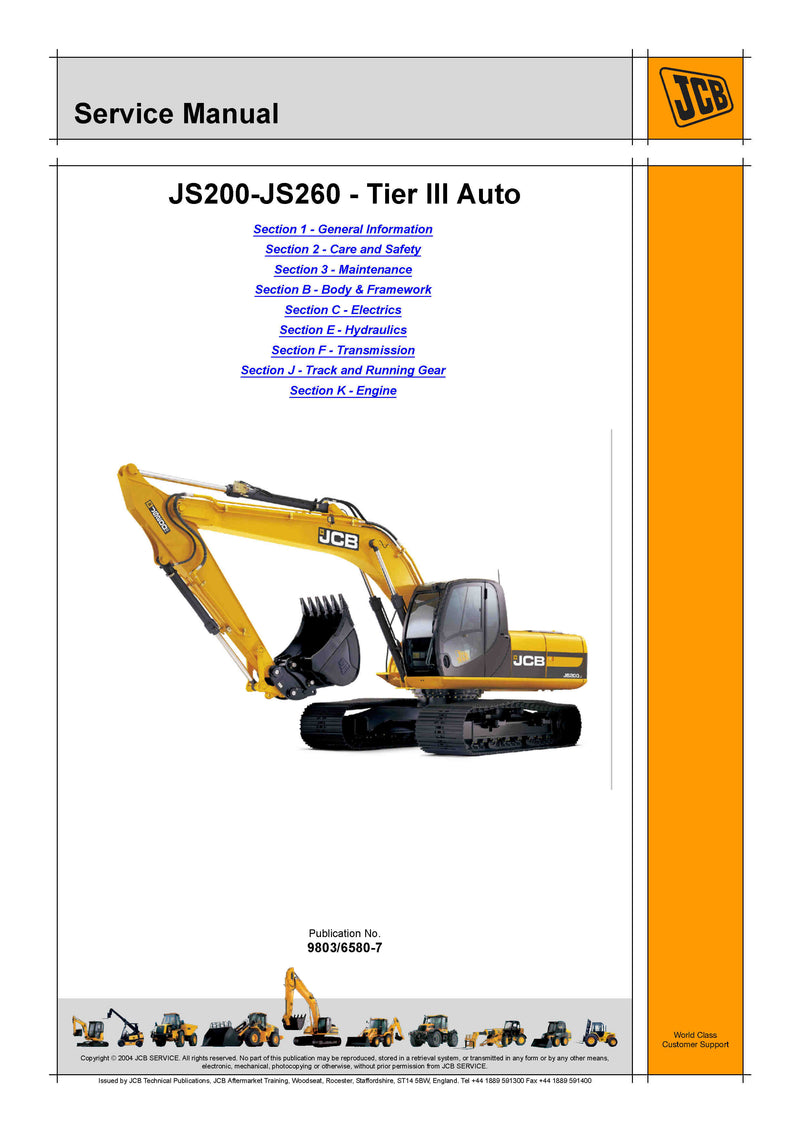 JCB JS200, JS210, JS220, JS235, JS240, JS260 Auto Tier III Tracked Excavator Service Repair Manual