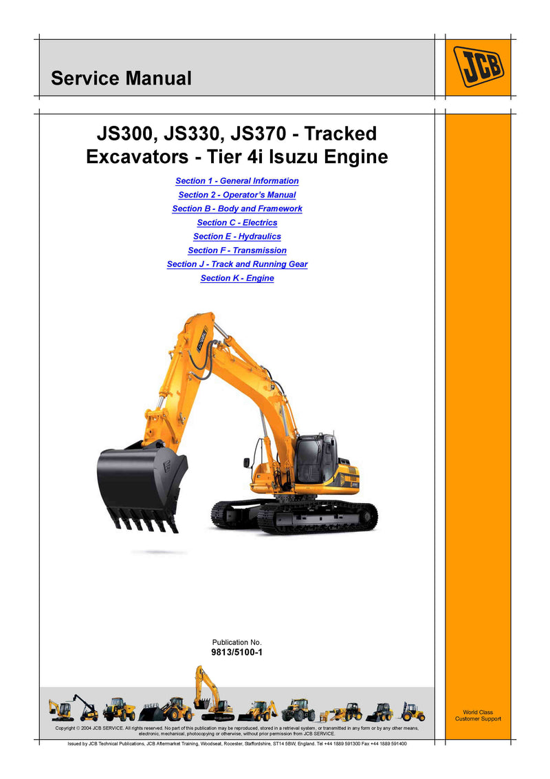JCB JS300, JS330, JS370 (Tier 4i Isuzu Engine) Tracked Excavator Service Repair Manual