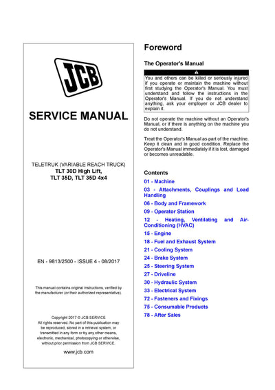 JCB TLT 30D High Lift, TLT 35D, TLT 35D 4×4 TELETRUK (VARIABLE REACH TRUCK) Service Repair Manual