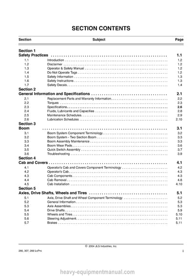 JLG 266, 307 & 266 LoPro Telehandler Service Manual - PDF Download