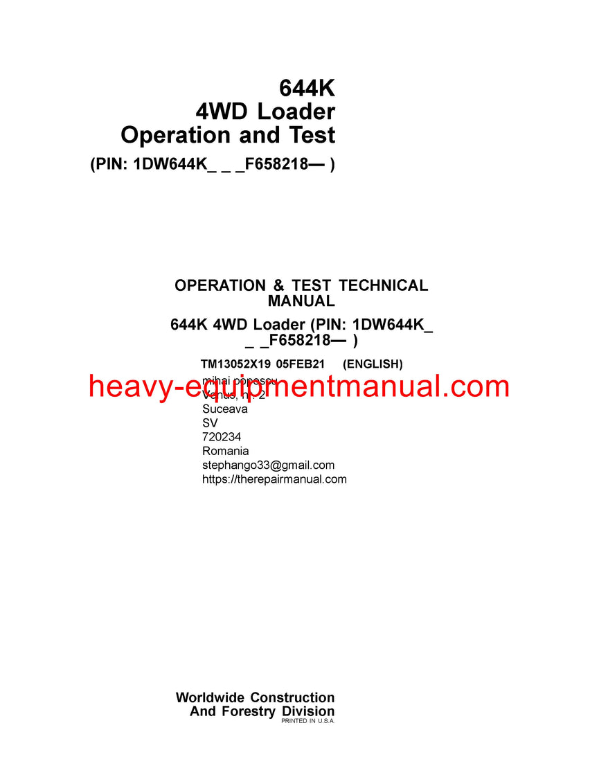 JOHN DEERE 644K WHEEL LOADER OPERATION AND TEST SERVICE TECHNICAL MANUAL TM13052X19