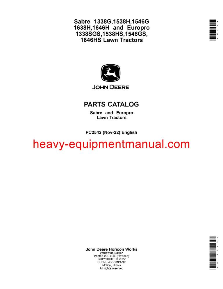 Download John Deere 1546G Sabre Lawn Tractor Parts Manual PC2542