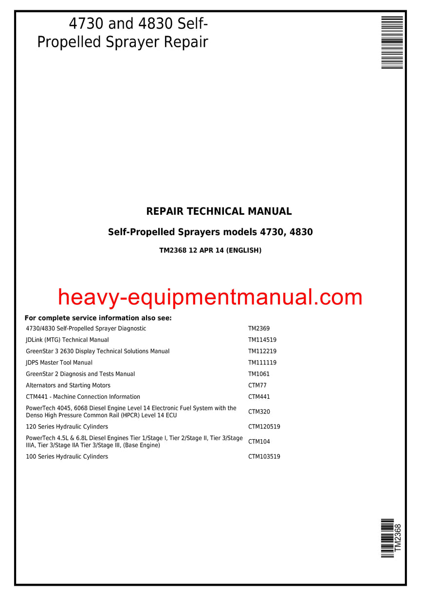 Download John Deere 4730 4830 Self-Propelled Sprayer Service Repair Technical Manual TM2368
