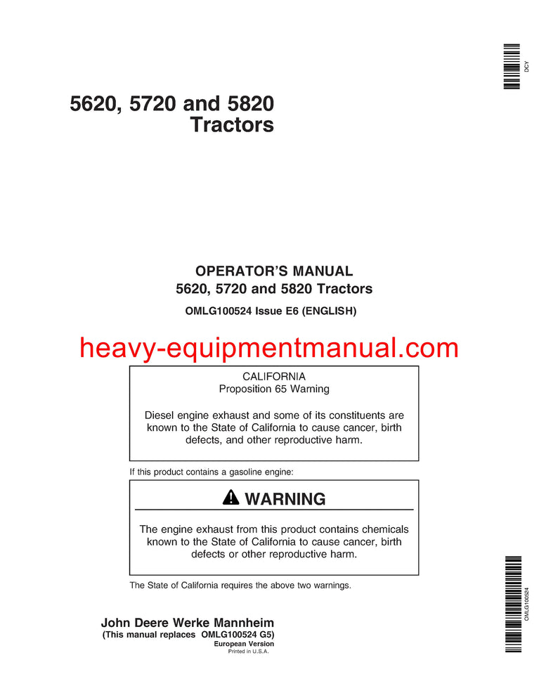 Download John Deere 5620, 5720, 5820 Tractor Operator Manual OMLG100524