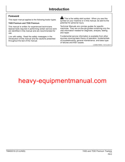 Download John Deere 7430 & 7530 Premium (NA Edition) Tractor Service Repair Manual TM400319