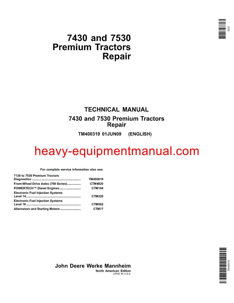 Download John Deere 7430 & 7530 Premium (NA Edition) Tractor Service Repair Manual TM400319