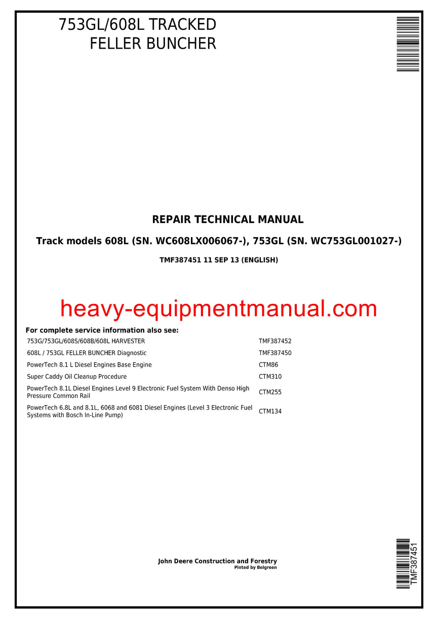 John Deere 753GL, 608L Timberjack Feller Buncher Harvester Service Repair Technical Manual TMF387451