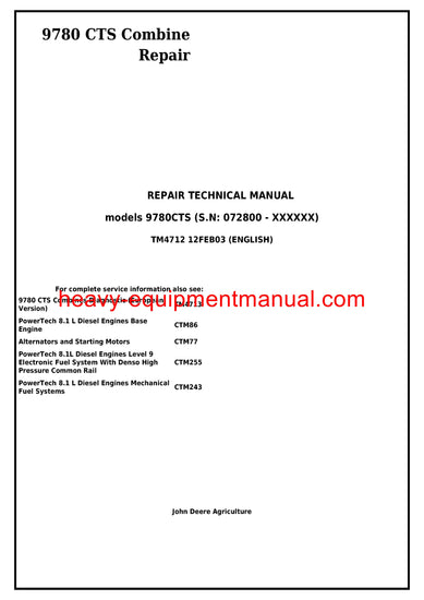 John Deere 9780 CTS Combine Service Repair Technical Manual tm4712