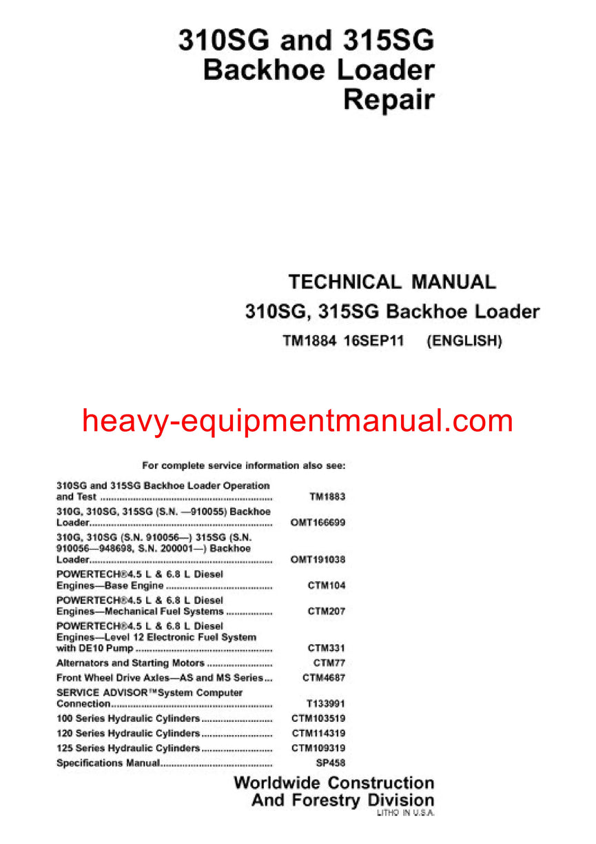 Download John Deere Backhoe Loaders 310SG, 315SG Side Shift Loaders Service Repair Technical Manual [TM1884]