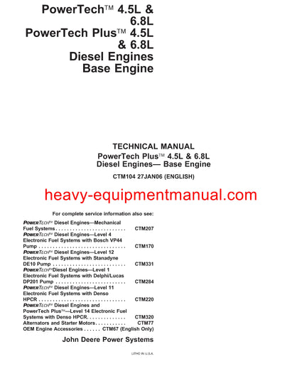 JOHN DEERE POWERTECH 4.5L & 6.8L ENGINE SERVICE REPAIR TECHNICAL MANUAL CTM104