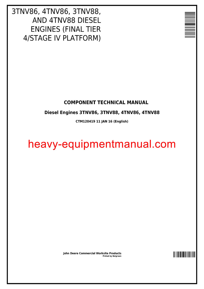 Download John Deere 3TNV86 4TNV86 3TNV88 4TNV88 Diesel Engines (Final Tier 4/Stage IV) Service Repair Manual CTM120419