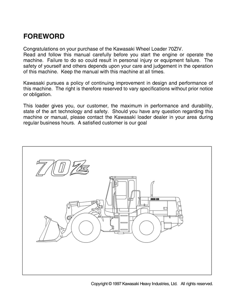 Kawasaki 70 Ziv-2 Wheel Loader Operation & Maintenance Manual