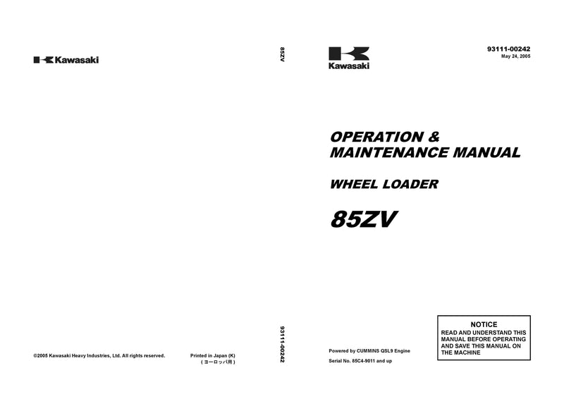 Kawasaki 85Z5 Wheel Loader Operation & Maintenance Manual