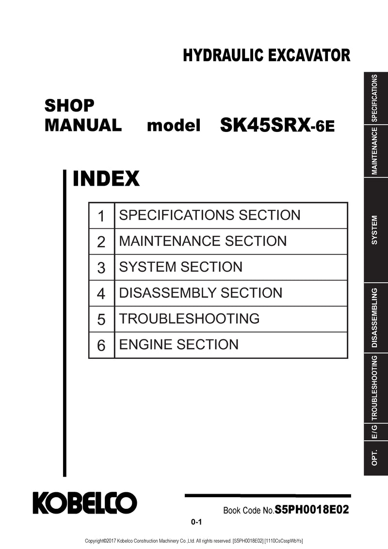 PDF Kobelco SK45SRX-6E Mini Excavator Shop Service Manual