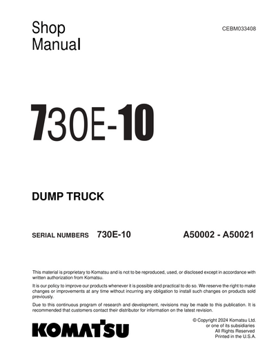 Komatsu 730E-10 Dump Truck Shop Service Manual A50002-A50021 and up