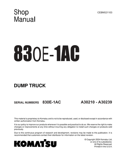 Komatsu 830E-1AC Dump Truck Shop Service Manual A30210-A30239 and up (CEBM021103)