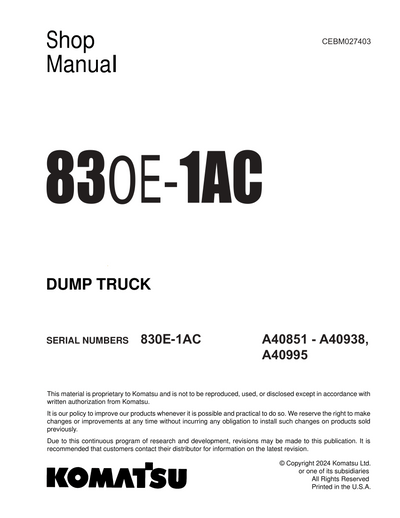 Komatsu 830E-1AC Dump Truck Shop Service Manual A40851-A40938, A40995 and up (CEBM027403)