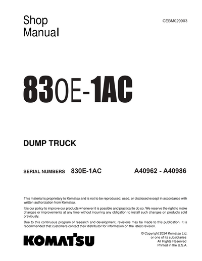 Komatsu 830E-1AC Dump Truck Shop Service Manual A40962-A40986 and up 