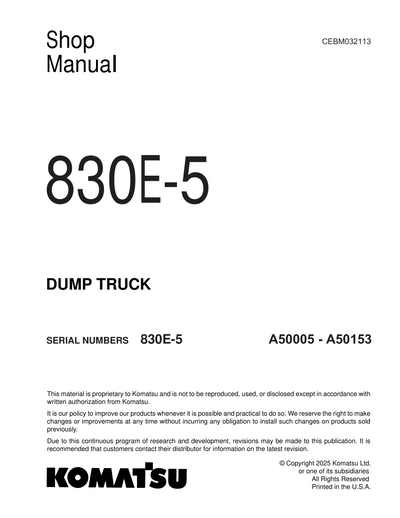 Komatsu 830E-5 Dump Truck Shop Service Manual A50005-A50153 and up