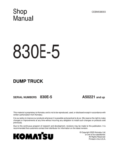 Komatsu 830E-5 Dump Truck Shop Service Manual A50221 and up