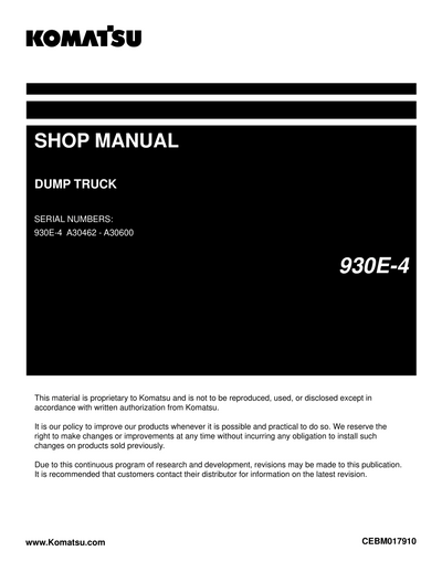 Komatsu 930E-4 Dump Truck Shop Service Manual A30462-A30600 and up (CEBM017910)