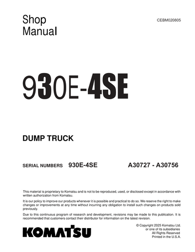 Komatsu 930E-4SE Dump Truck Shop Service Manual A30727-A30756 and up