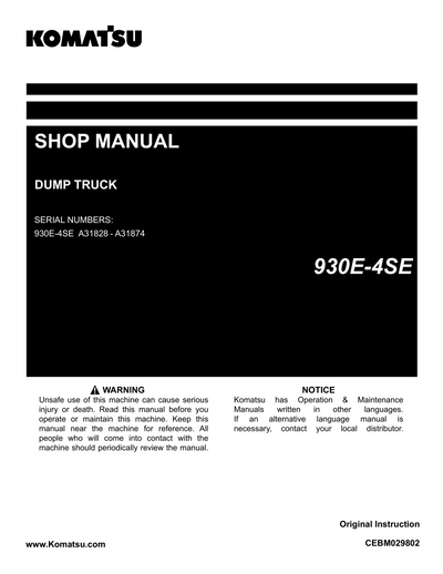Komatsu 930E-4SE Dump Truck Shop Service Manual A31828-A31874 and up (CEBM029802)
