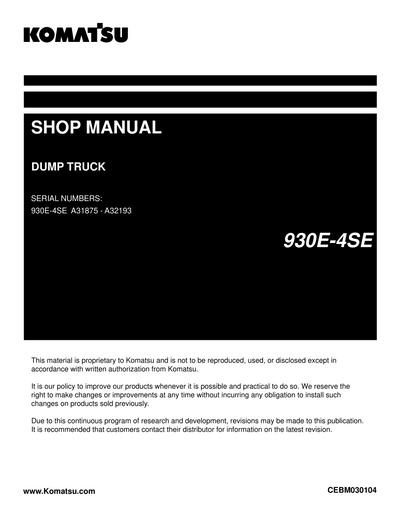 Komatsu 930E-4SE Dump Truck Shop Service Manual A31875-A32193 and up (CEBM030104)