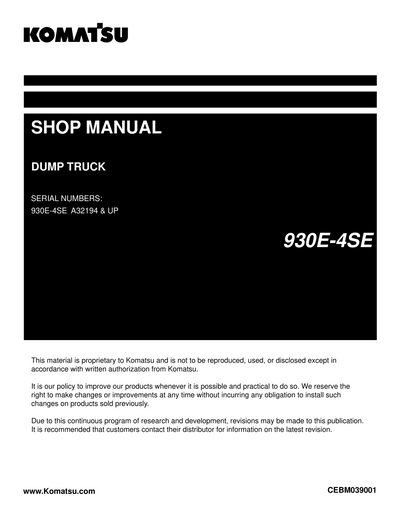 Komatsu 930E-4SE Dump Truck Shop Service Manual A32194 and up