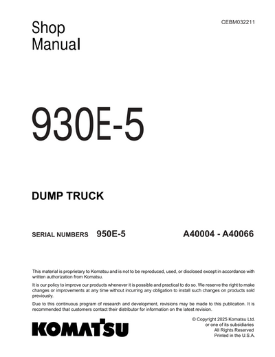 Komatsu 930E-5 Dump Truck Shop Service Manual A40004-A40066 and up
