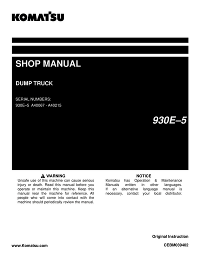 Komatsu 930E-5 Dump Truck Shop Service Manual A40067-A40215 and up