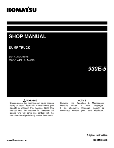 Komatsu 930E-5 Dump Truck Shop Service Manual A40216-A40329 and up (CEBM036506)