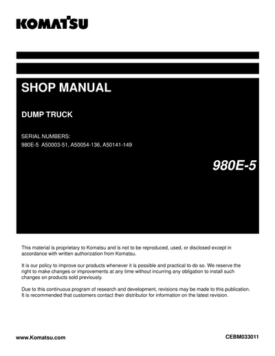 Komatsu 980E-5 Dump Truck Shop Service Manual A50003-51, A50054-136, A50141-149 and up (CEBM033011)