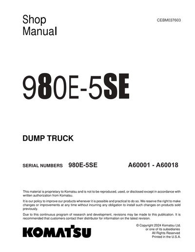 Komatsu 980E-5SE Dump Truck Shop Service Manual A60001 – A60018 and up (CEBM037603)