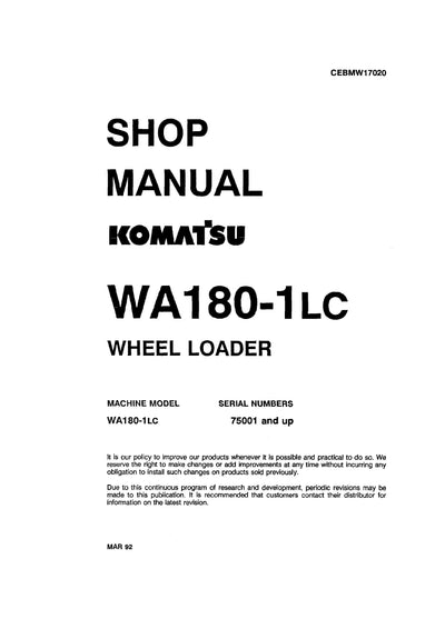 Komatsu WA180-1LC Wheel Loader Shop Service Manual 75001-UP