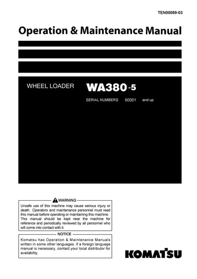 Komatsu WA380-5 Wheel Loader Operation and Maintenance Manual