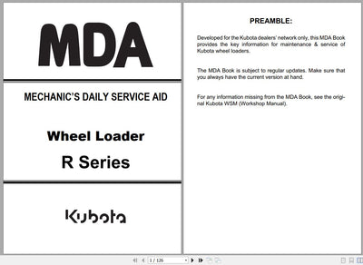 Kubota Wheel Loader R Series R065 to R090 Mechanics Daily Service Aid RY920-2367-3