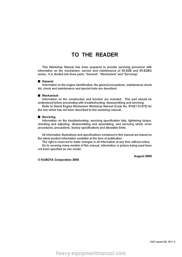 Kubota 05-E2B Series, 05-E2BG Series Diesel Engine Workshop Manual PDF